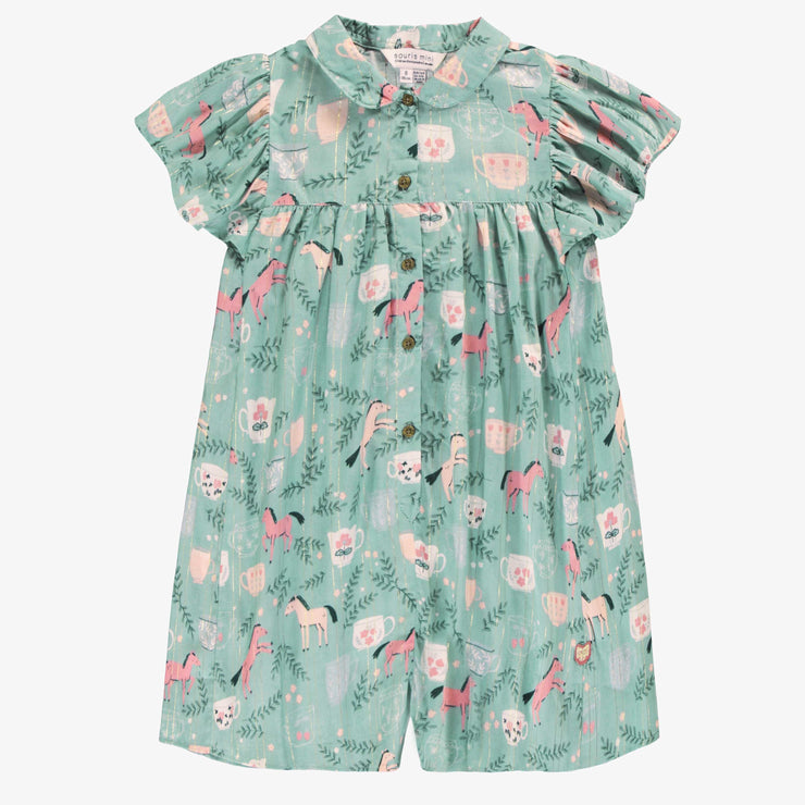 Combishort turquoise cendré en popeline scintillante à motifs de chevaux, enfant