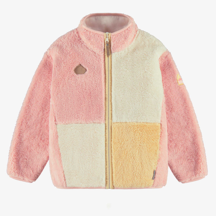 Veste en peluche rose avec blocs de couleur, enfant
