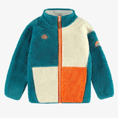 Veste en peluche bleue avec blocs de couleur, enfant