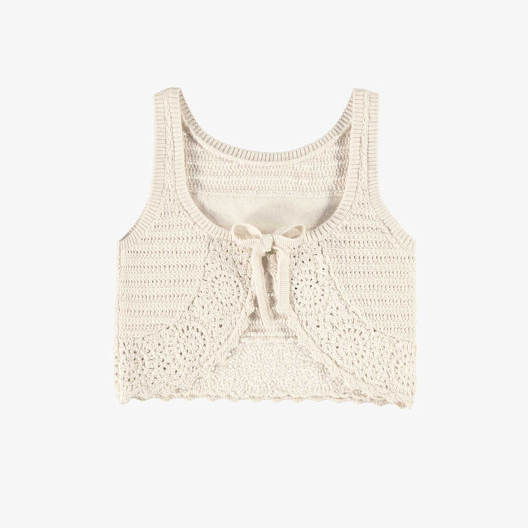 Dos de la camisole crème en tricot crocheté, enfant