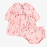 Robe et bloomer rose en jersey extensible à motifs de flamants, naissance