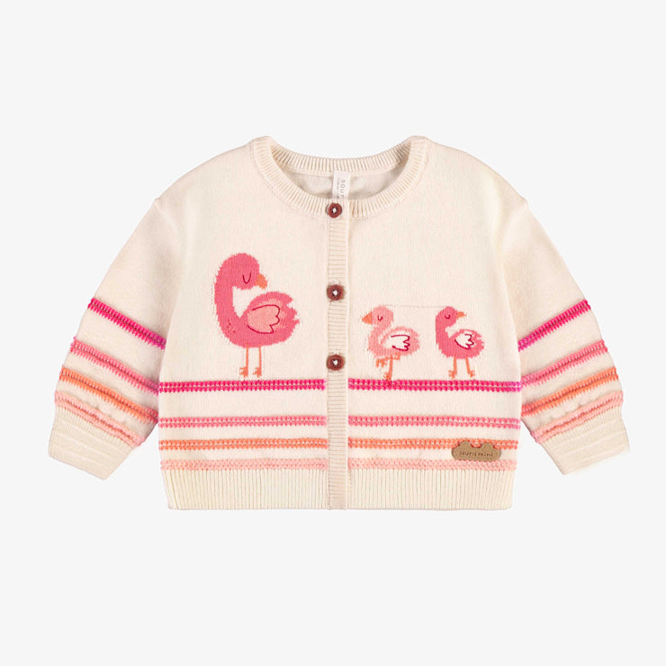 Cardigan crème en tricot avec flamants et rayures, naissance