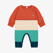 Combinaison orange, turquoise et crème en tricot, naissance