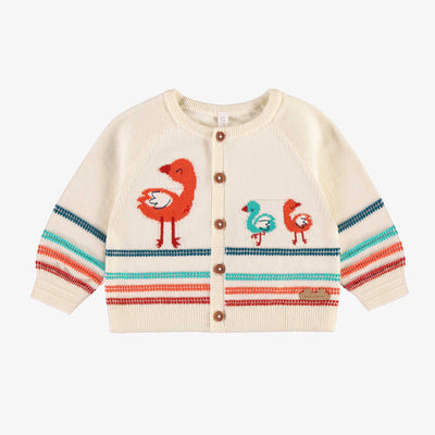 Cardigan crème en tricot avec flamants et rayures, naissance