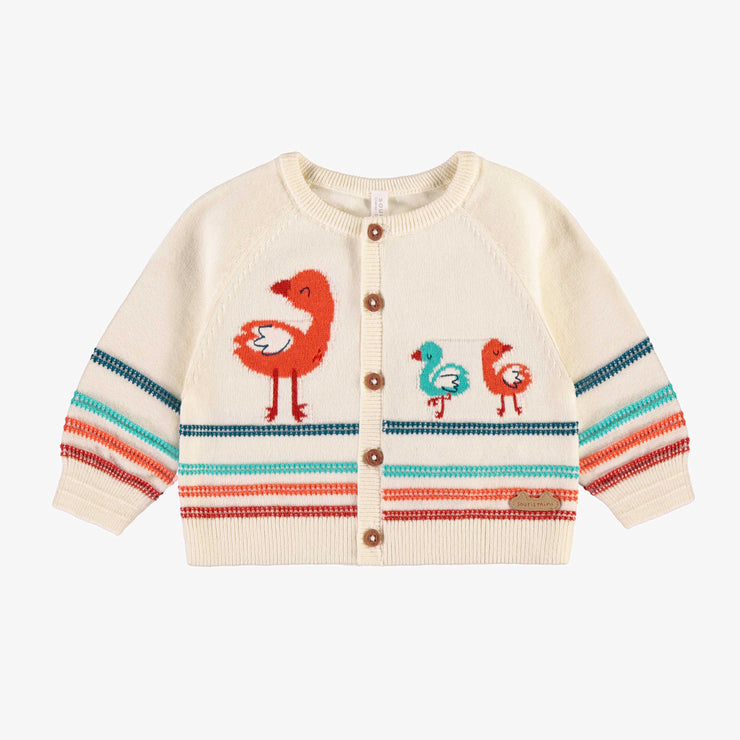 Cardigan crème en tricot avec flamants et rayures, naissance