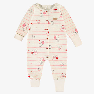 Pyjama une pièce crème à rayures roses et motifs, naissance