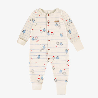 Pyjama une pièce crème à rayures bleues et motifs, naissance