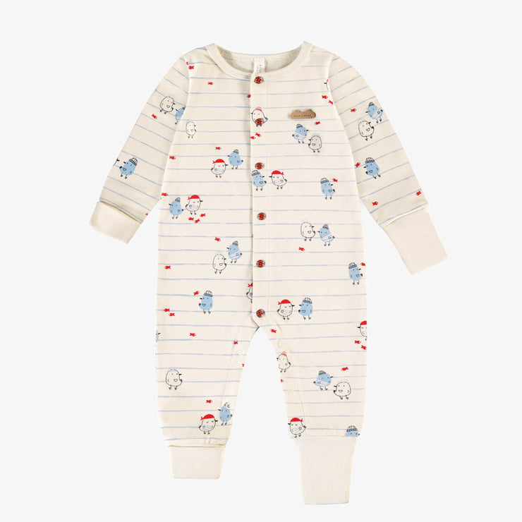 Pyjama une pièce crème à rayures bleues et motifs, naissance
