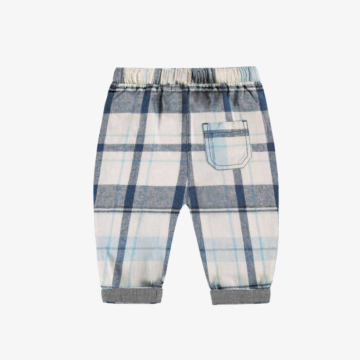 Dos du pantalon bleu et crème à carreaux, naissance