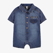 Barboteuse en denim bleu moyen à col chemisier, naissance