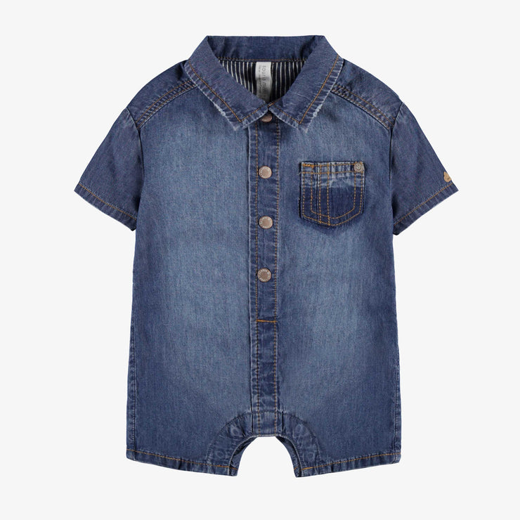 Barboteuse en denim bleu moyen à col chemisier, naissance