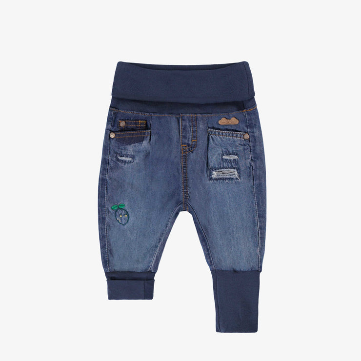 Pantalon évolutif en denim bleu moyen à effet délavé, naissance