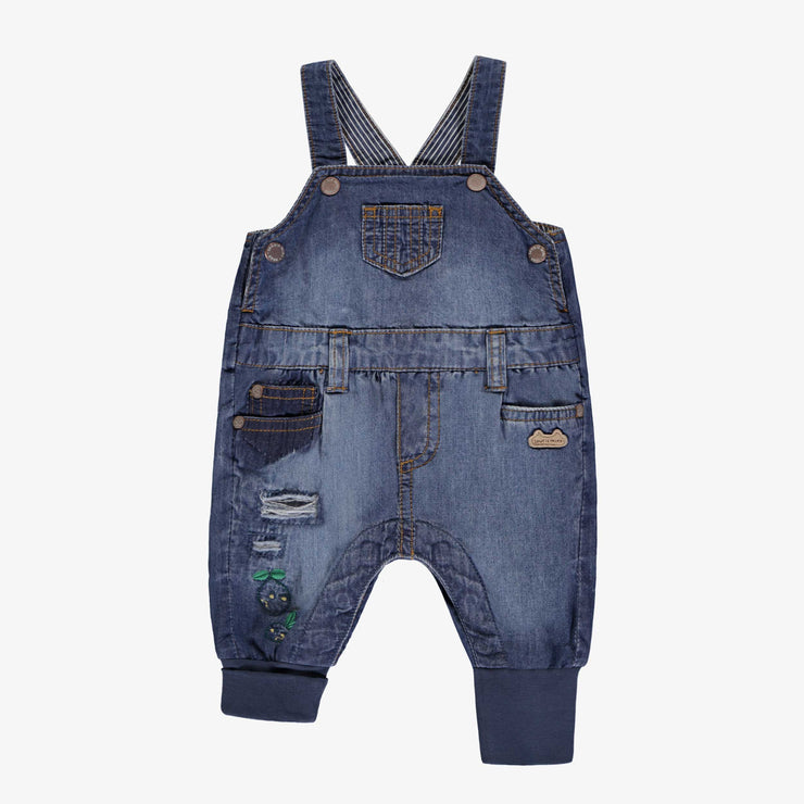 Salopette évolutive en denim bleu moyen à effet délavé, naissance