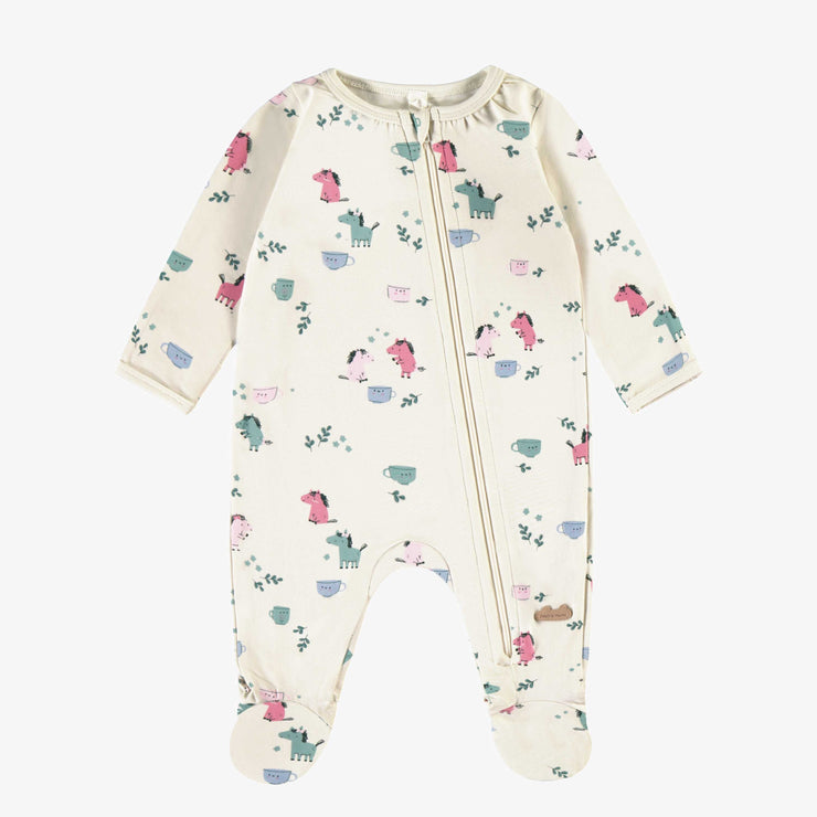 Pyjama une pièce crème à motifs de tasses et chevaux, naissance