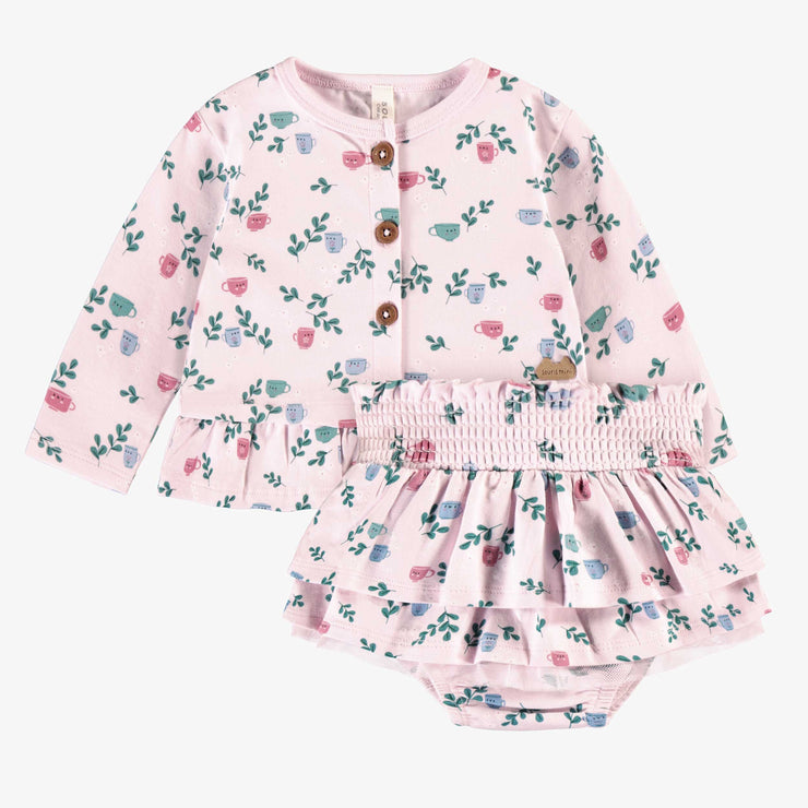 Ensemble deux pièces rose en jersey extensible à motifs de tasses, naissance