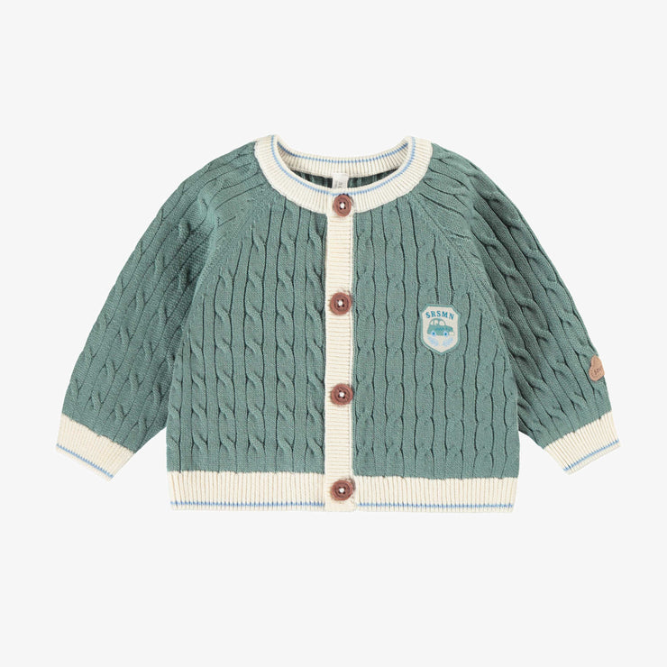 Cardigan en tricot turquoise cendré avec torsades verticales, naissance