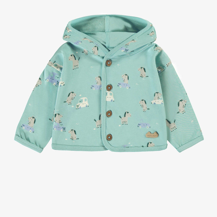 Haut de l'ensemble deux pièces turquoise cendré à motifs de chevaux, naissance