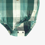 Détail du cache-couche chemise vert et turquoise à carreaux, naissance