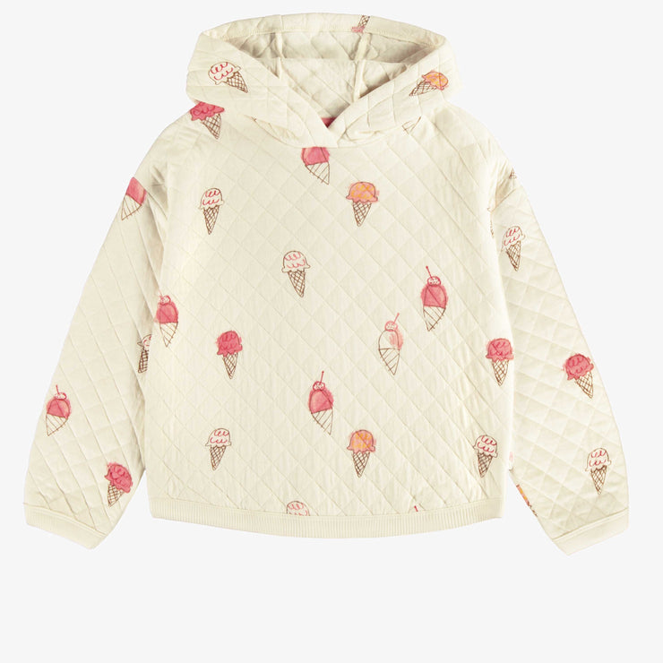 Chandail à capuchon matelassé crème à motif de crèmes glacées, enfant || Cream quilted hoodie and ice cream print, child