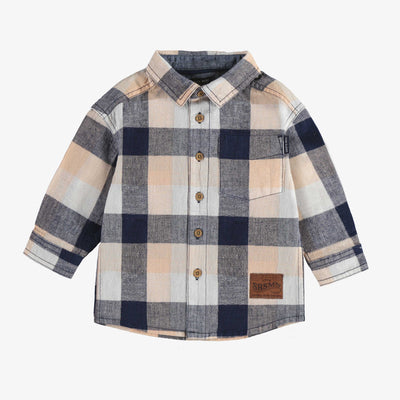 Chemise à manches longues orange et marine à carreaux en lin et coton, bébé || Orange and navy plaid long sleeves shirt in linen and cotton, baby