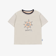 T-shirt à manches courtes beige avec illustration en coton extensible, bébé || Beige short sleeves t-shirt with print in stretch cotton, baby
