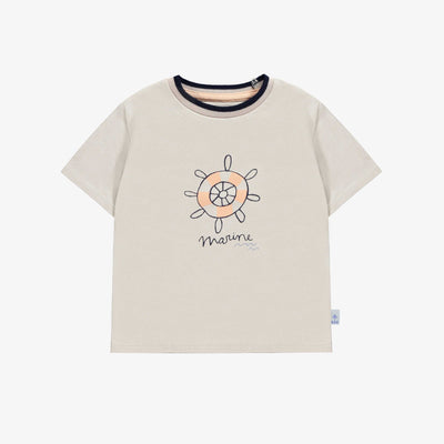 T-shirt à manches courtes beige avec illustration en coton extensible, bébé || Beige short sleeves t-shirt with print in stretch cotton, baby