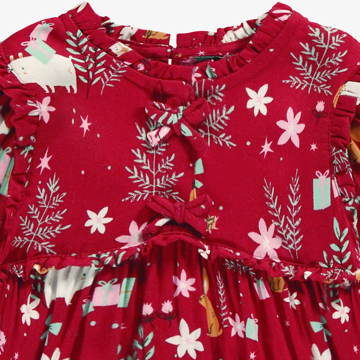 Zoom détails de la robe rouge à motifs festifs, bébé 