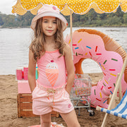 Short de bain rose à rayures avec poches, enfant || Pink striped swim short with pockets, child