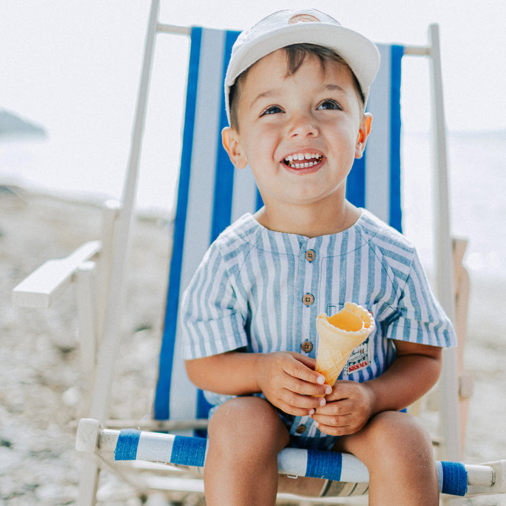 Une pièce manches courtes bleue et crème à rayures en lin et coton, bébé || Blue and cream short sleeved one piece with stripes, baby