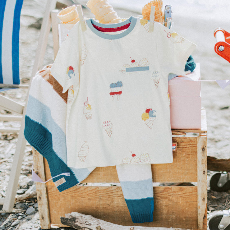 T-shirt à manches courtes crème avec motif de crèmes glacées en coton, bébé || Cream short sleeve t-shirt with ice cream pattern, cotton, baby