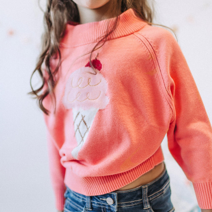 Chandail de maille à manches longues corail avec motif jacquard, enfant || Coral long sleeve jacquard knit sweater, child