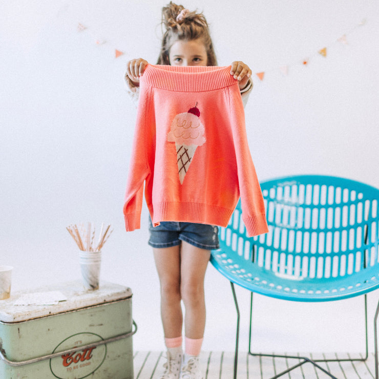 Chandail de maille à manches longues corail avec motif jacquard, enfant || Coral long sleeve jacquard knit sweater, child