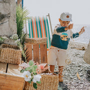 Chandail de maille à manches longue vert, crème et motif jacquard insecte, bébé || Long sleeve knitted sweater in green, cream and insect jacquard pattern, baby