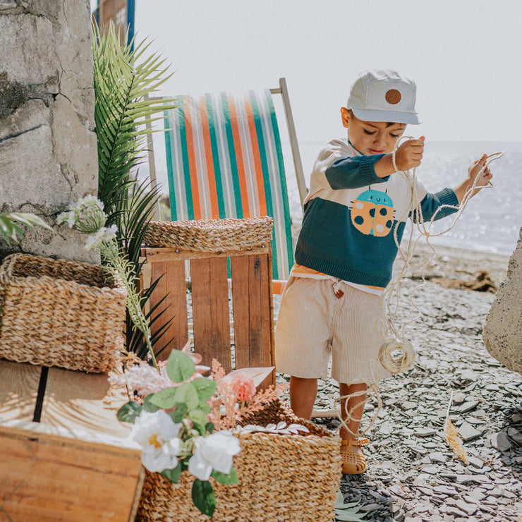 Chandail de maille à manches longue vert, crème et motif jacquard insecte, bébé || Long sleeve knitted sweater in green, cream and insect jacquard pattern, baby