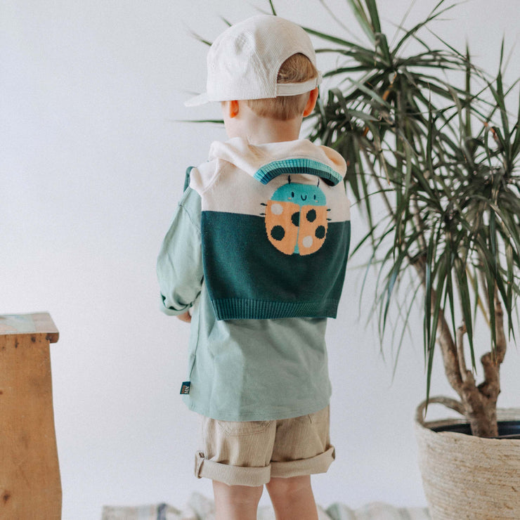 Chandail de maille à manches longue vert, crème et motif jacquard insecte, bébé || Long sleeve knitted sweater in green, cream and insect jacquard pattern, baby