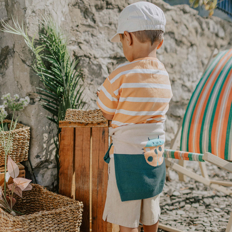 T-shirt à manches courtes pêche et crème à rayures, bébé || Peach and cream short sleeves t-shirt with stripes, baby