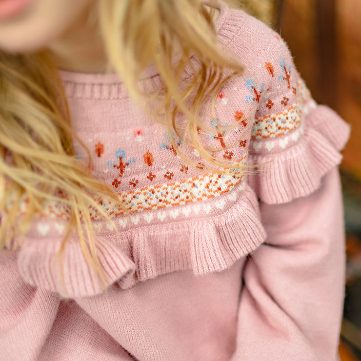 Robe en tricot rose à manches longues avec motif jacquard fleuri, enfant || Long-sleeved pink knit dress with floral jacquard pattern, child